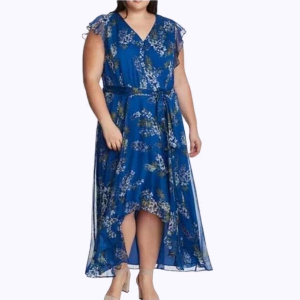 Vince Camuto Royal Blue Floral Chiffon High-Low Maxi Dress Plus Size 20W Flutter